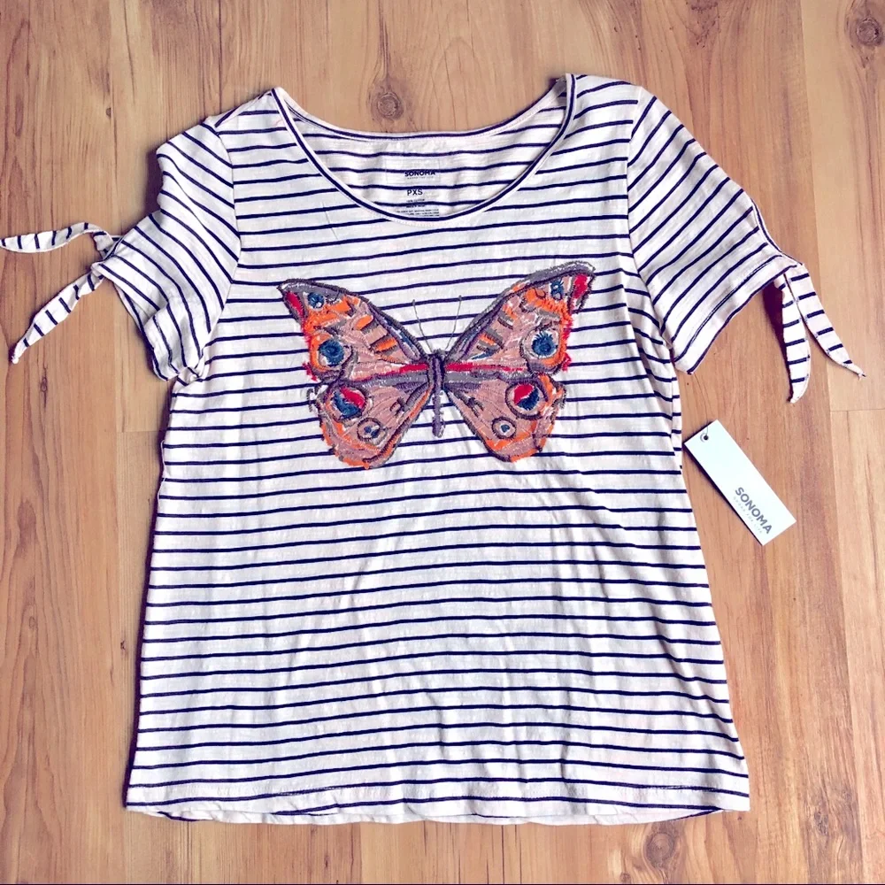 NEW SONOMA Butterfly Embroidery Tee Shirt Striped Petite XS Off White Women’s - Picture 1 of 16